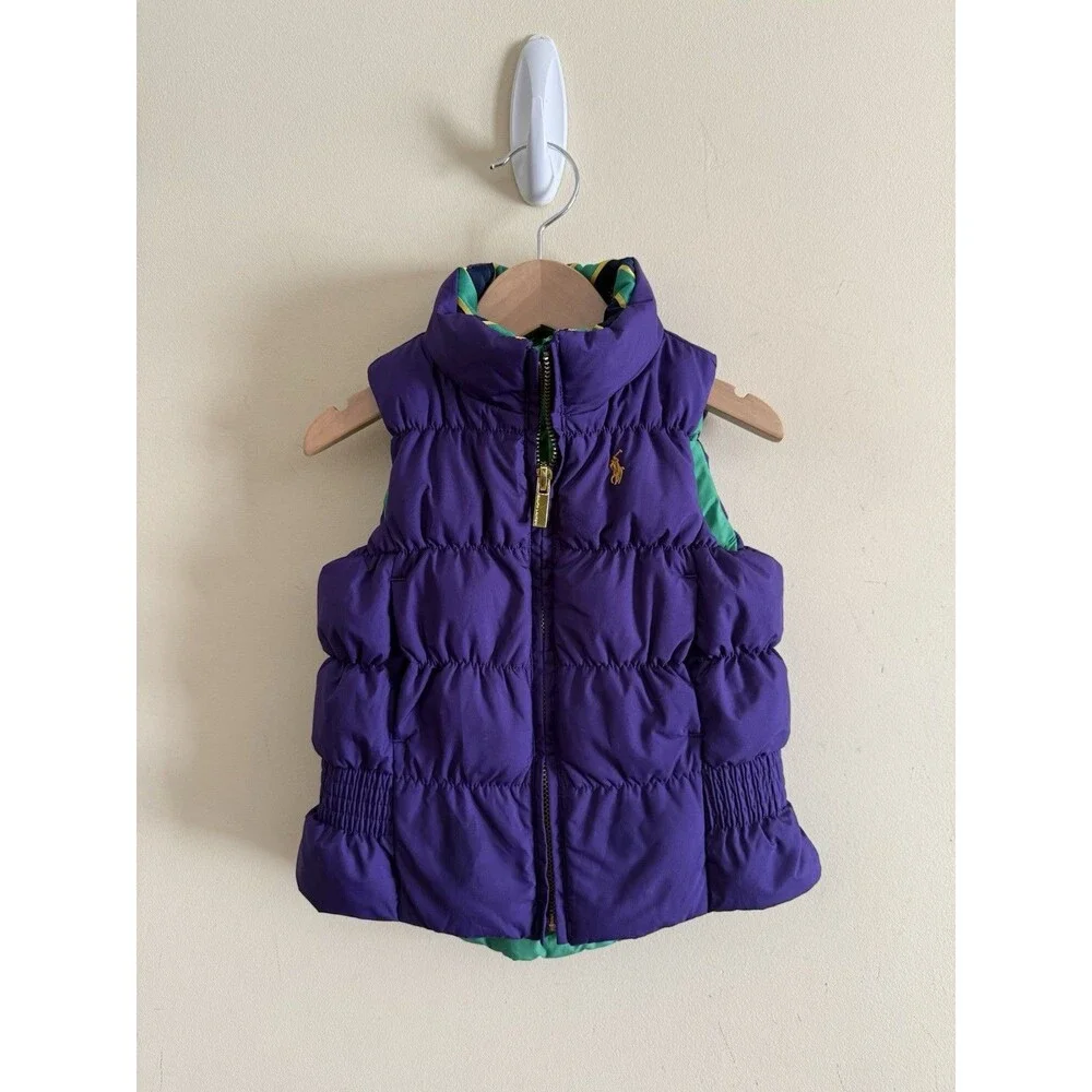 Ralph Lauren Little Girls Purple Green Reversible Down Puffer Vest‎ Size 2/2T